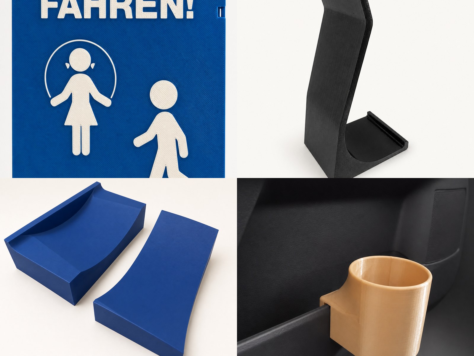 Auswahl tatsächlich gefertigter RR-3D-Produkte aus den Bereichen Schilder, Halterungen und Fahrzeuglösungen.