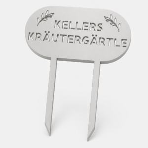 Personalisiertes Garten- und Pflanzschild mit zwei Erdspießen und den originalen Blattzweig-Emblemen.